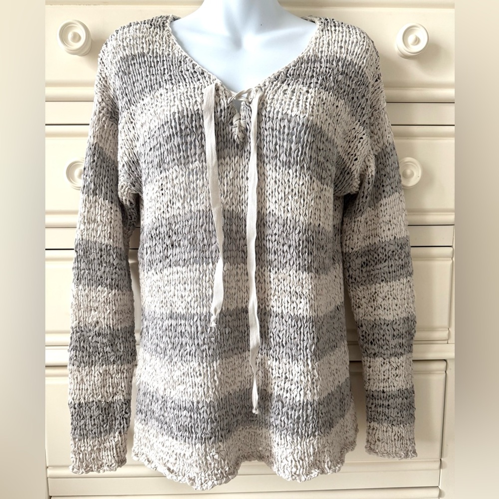 Sonoma- Women's Cream and Gray Striped Knit Lace-Up Sweater
